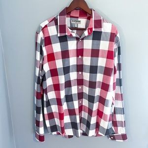 Express red, black, and white plaid fitted button up shirt